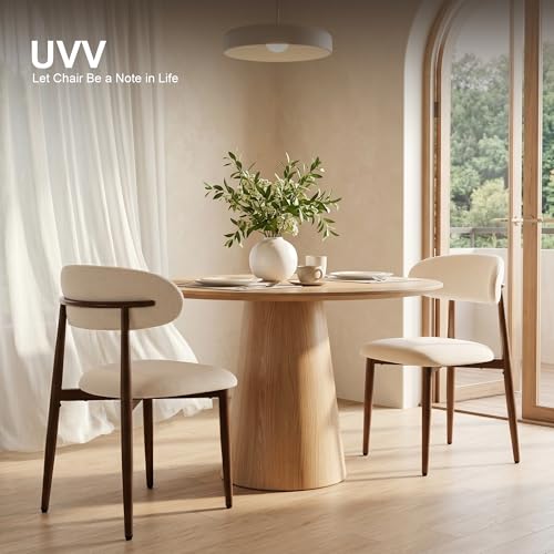 UVV Dining Chairs Set of 4, Metal Kitchen Chairs with Modern Fabric Upholstered for Dining Room, Beige - color: Beige Seat / Walnut-grain Metal Legs