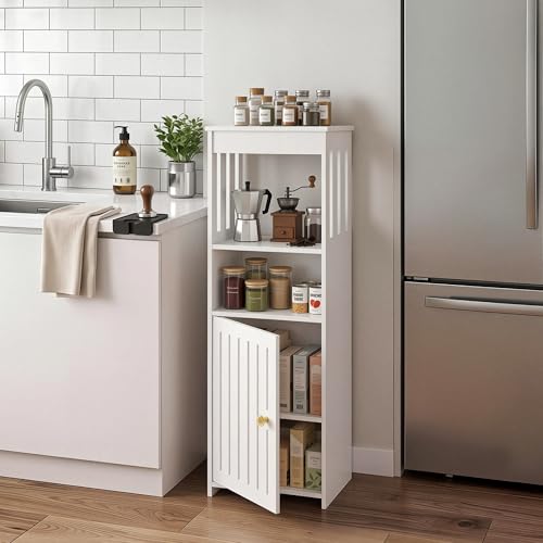 5-Tier Narrow Bathroom Cabinet, 9.8" W X 31.5" H | White PVC Material, Rack, Holder, Fits Small Spaces, for Toilet Side, Laundry Room, Kitchen, Easy Assembly - size: 7.9"D x 9.8"W x 31.5"H