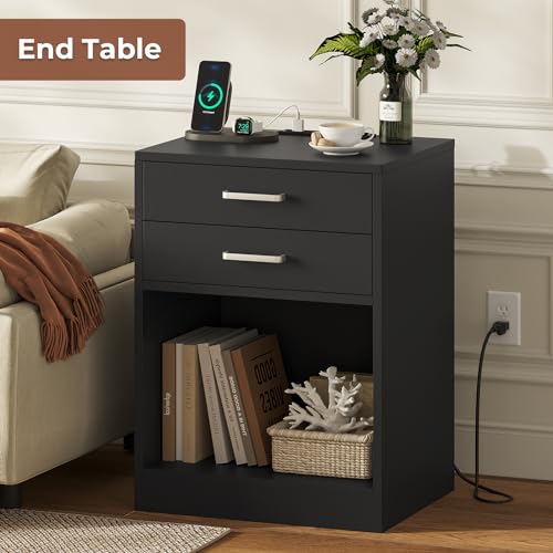 ADORNEVE Black Nightstand Set of 2,Bedside Table with Drawers | Nightstand with Charging Station,Night Stands for Bedrooms Set of 2,Bed Side Tables Bedroom Set of 2 - color: Black