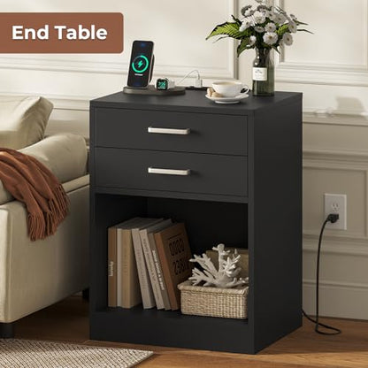 ADORNEVE Black Nightstand Set of 2,Bedside Table with Drawers | Nightstand with Charging Station,Night Stands for Bedrooms Set of 2,Bed Side Tables Bedroom Set of 2 - color: Black