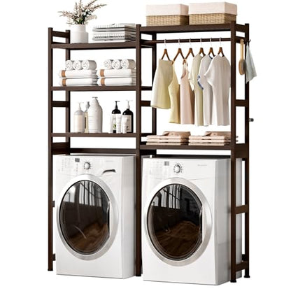 Cozivolife Over The Washer and Dryer Storage Shelf Bamboo,5 Tiers Laundry Room Drying Rack with Adjustable Shelves and 4 Hooks,Space Saver Organizer for Hanging Clothes and Towels (Brown) - color: Brown