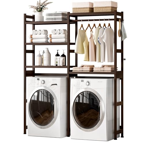 Cozivolife Over The Washer and Dryer Storage Shelf Bamboo,5 Tiers Laundry Room Drying Rack with Adjustable Shelves and 4 Hooks,Space Saver Organizer for Hanging Clothes and Towels (Brown) - color: Brown