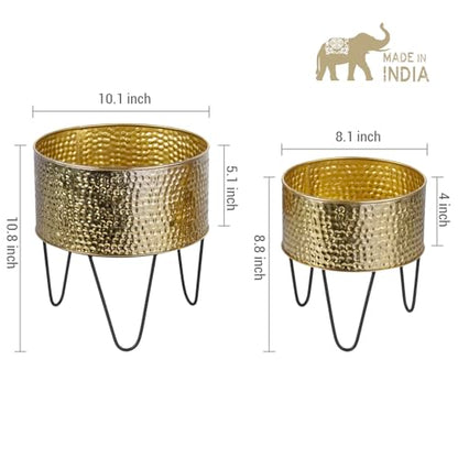 MyGift Modern Brass Tone Metal Planter Pots with Pebbled Texture, Hammered Plant Containers with Matte Black Wire Stands, 2 Piece Set, 8 and 10 Inch - Handcrafted in India - color: Brass