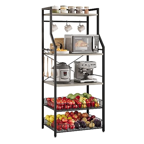 Patikuin 60cm Compact Kitchen Bakers Rack, 4-Tier Double-Frame Microwave Stand with Storage Shelves, Sturdy 20mm Square Tube & PB Board Construction, Black & Gray Freestanding Appliance Organizer
