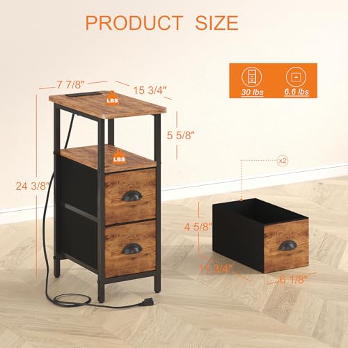 sthmec Narrow End Table with Charging Station, Narrow Side Table with 2 Fabric Drawers, LED End Table, Slim Nightstand with LED Light, Small Side Table for Small Space,Living Room,Bedroom,Rustic Brown - color: Rustic Brown, size: 7.87'' W x 15.75'' D x 24