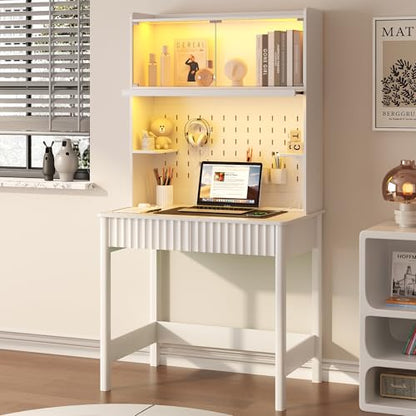 Lvifur 31.5" Small Study Desk with - Glass Doors,Computer Desk w/Charging Station and LED Reading Lights,Compact Writing Desk with Drawers,Writing Home Office Desks for Small Spaces Bedroom,White - color: White-a