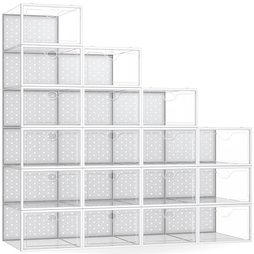 18 Pack X-Large Shoe Storage Boxes, Shoe Organizer Clear Stackable | Fit US Size 11, 6.2” Height, Shoe Dispaly Case Holder Bins Sneaker Storage for Sneakerheads, For Home and Family, White - color: Clear and White, size: 18 Pack
