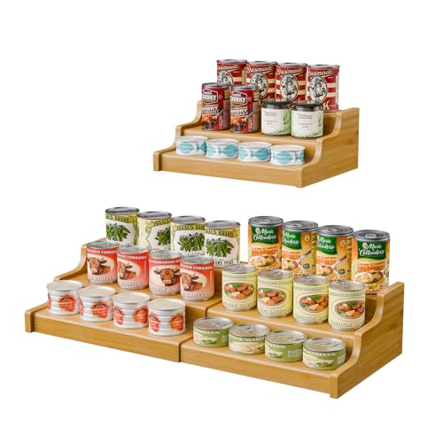 Simple Trending Expandable Bamboo Can Rack Organizer for Pantry, 3-Tier Adjustable Can Storage Holder Holds Up to 24 Cans, Canned Goods Storage Display for Cabinet, Countertop