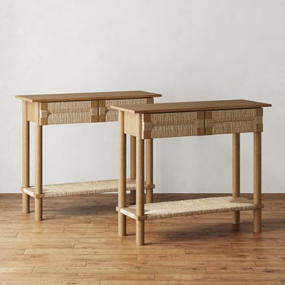 Nathan James Beacon Wooden Sofa Console Table with Drawers, Bohemian Entryway Accent, Hallway Furniture with Seagrass Shelf, Light Brown, Set of 2 - color: Beacon Light Brown/Seagrass, size: Set of 2