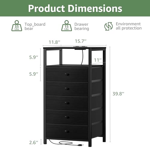 BOLUO Black Dresser with 5 Drawers Tall Nightstand with Charging Station and LED Light, Bedside Table Room Storage Drawers Closet - color: B.black, size: 11.8"D x 15.7"W x 39.8"H (5 drawers)