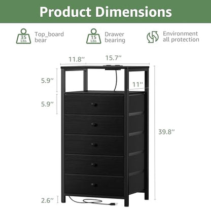 BOLUO Black Dresser with 5 Drawers Tall Nightstand with Charging Station and LED Light, Bedside Table Room Storage Drawers Closet - color: B.black, size: 11.8"D x 15.7"W x 39.8"H (5 drawers)