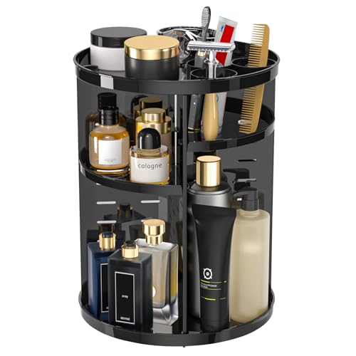 Rotating Makeup Organizer, DIY 8 Adjustable Layers Spinning Skincare Storage, Cosmetic Display Case with Brush Holder and Perfume Tray, Multi-Function Vanity Bathroom Countertop Organizer Black - color: Black