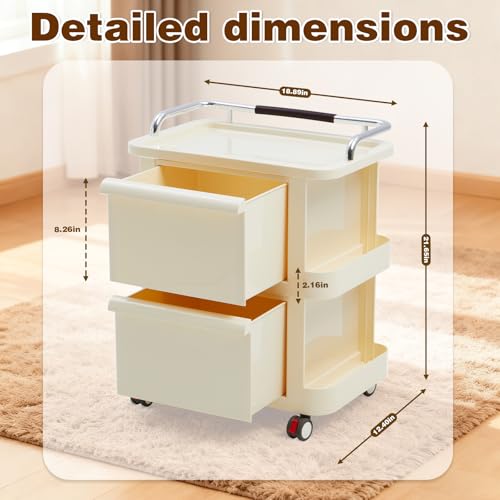 2 Tier Rolling Cart with Drawers - Multi-Functional Storage Slim Rolling Cart with 2 Drawers - Storage Cabinet for Bedroom, Living Room & Kitchen, Ideal for Snacks, Toys & Daily Essentials