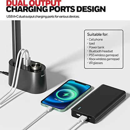 Honeywell HWT-H01 LED Desk Lamp, Foldable & Stepless Dimmable, Black | Sunturalux Eye-Caring Desk Light with Charging Ports, Modern Table Lamp, Reading Lamp for Home Office Bedroom College Dorm - color: Black