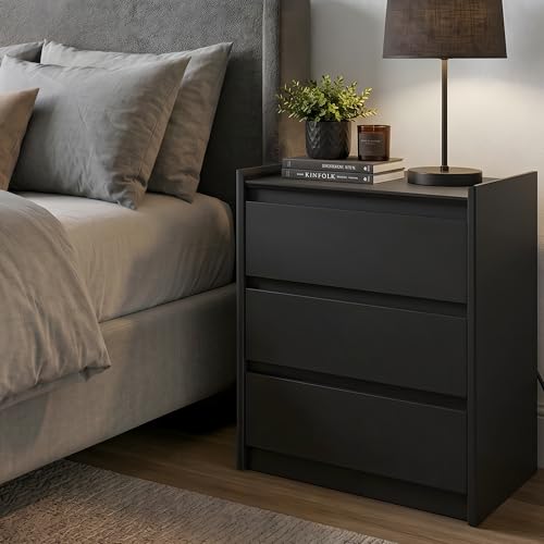 Black Nightstand with Charging Station, 24" H, 3-Drawer Storage | USB-C, USB-A and 2 AC outlets power daily devices; raised-edge top helps create a cleaner modern bedside setup at night. - color: Black, size: 1-Pack, style: 3 Drawers