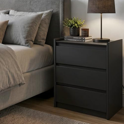 Black Nightstand with Charging Station, 24" H, 3-Drawer Storage | USB-C, USB-A and 2 AC outlets power daily devices; raised-edge top helps create a cleaner modern bedside setup at night. - color: Black, size: 1-Pack, style: 3 Drawers