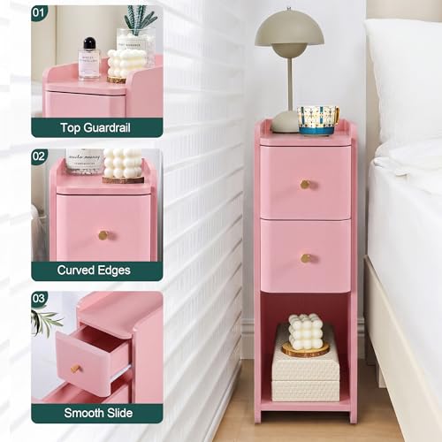 Pink Narrow Nightstand, Wooden Small 2 Drawer Nightstand, Slim Side End Table, Skinny Bedside Table, Mid Century Modern Night Stand with Drawers, for Living Room (Pink-1 pc) - color: Pink-1 Pc