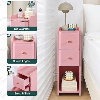 Pink Narrow Nightstand, Wooden Small 2 Drawer Nightstand, Slim Side End Table, Skinny Bedside Table, Mid Century Modern Night Stand with Drawers, for Living Room (Pink-1 pc) - color: Pink-1 Pc