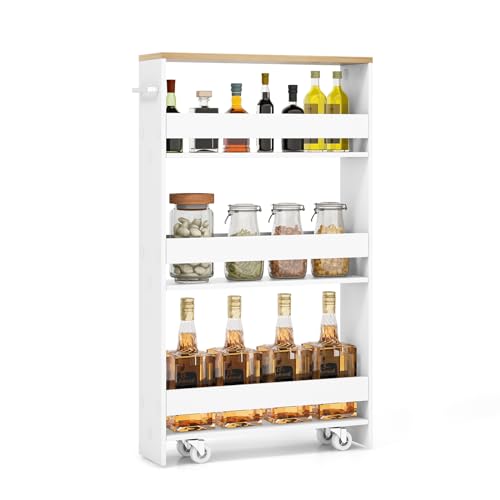 LOKO Slim Storage Cart, 4-Tier Rolling Cart with Handle & Wooden Top for Kitchen Bathroom Laundry Living Room Narrow Small Spaces, 5 Inches Width (White & Natural) - color: White & Natural