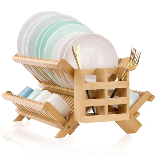 NOVAYEAH Bmaboo Dish Drying Rack for Kitchen Counter 3-Tier Collapsible Wooden Dish Drying Rack with Utensil Holder Dish Drainer Large Folding Dish Rack with Utensils Flatware Holder 51 pcs Grid - color: 3-tier Upgrade (Bamboo)