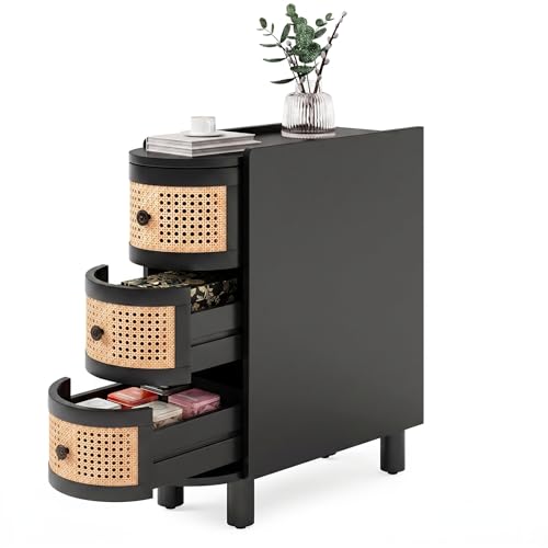 LITTLE TREE Solid Wood End Table, Rattan Narrow Side Table with 3 Drawers | No Assembly Required, Solid Wood Nightstand, Bedside Table for Living Room, Bedroom, Office, Bathroom, Balck - color: Black