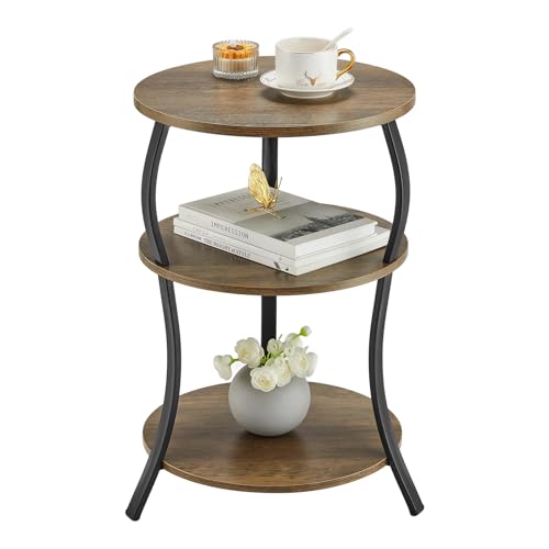 YEAKOO Round Side Table, 3-Tier Waist End Table with Storage Shelf, Side Tables Living Room,15.75x24’’Round Table, Sofa Side Table, Snack Table TV Tray Table, Vintage Nightstand for Bedroom,Grey - color: Grey