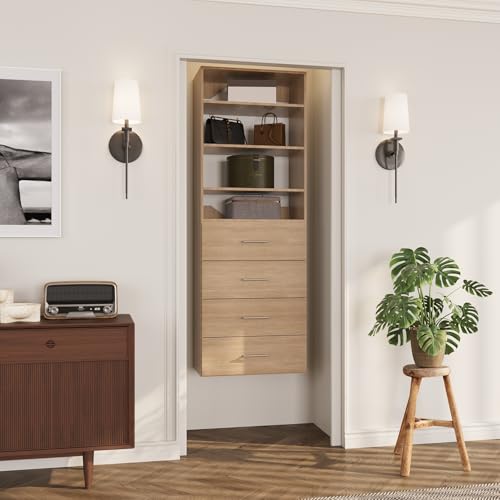 ROOMTEC Modular Closet System, 25.5" 4 Drawer Shelf Closet Tower Wall-Mounted Closet Organizer, Wooden Tower for Walk-In Closets, Wardrobe Storage Kit, Wood - size: 25.5" Wide, style: Model 8
