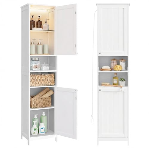VASAGLE Tall Bathroom Cabinet with Lights, Slim Freestanding Bathroom Storage Cabinet with Adjustable Shelves, for Small Spaces, Modern, 15.7 Inches Wide, Cloud White UBBC766W02 - color: Cloud White, size: 11.8"D x 15.7"W x 66.9"H, style: with Lights