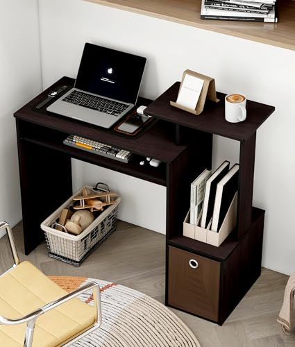 Small Computer Desk for Bedroom, Home Office Desk with Drawers Storage Shelves for Living Room Study Bedroom, Dark Walnut/Brown - color: Dark Walnut