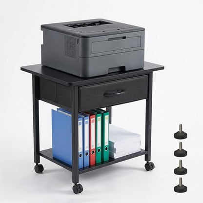 22" x 15" Under Desk Rolling Printer Stand, 2-Tier Industrial Mobile Printer Table with Strong Fabric Drawer, Storage Shelf, Steel Frame and Lockable Wheels, Printer Cart for Home Office (Black) - color: Black