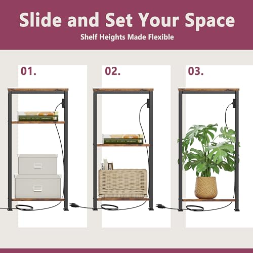 Side Table with Charging Station, Nightstand with USB Ports and Outlets, Tall Side Table with 3 Storage Shelves, Small Entry Table for Living Room, Bedroom, Sofa Couch, Hallway, Office, Rustic Brown - color: Rustic Brown, style: With Outlet