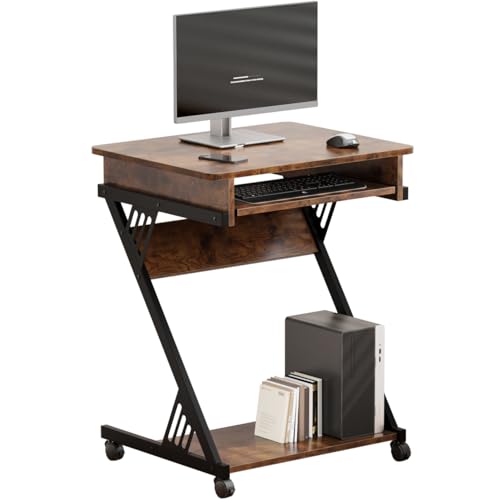 Zenira 24-Inch Small Computer Desk, 30-Inch Tall with Drawers, Corner Desk with Wheels for Gaming, Bedroom, Home, Office - Brown