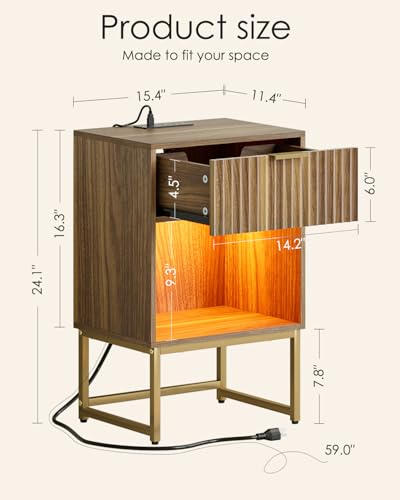 Masupu Fluted Nightstand with Charging Station and LED Lights,Modern Night Stand Wood Bedside Table with Storage Drawer Side End Table for Bedroom,Office,Walnut Brown - color: Light-walnut Brown