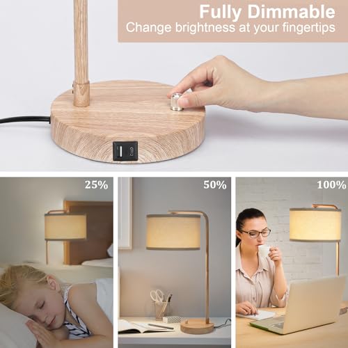 Farmhouse Table Lamp, Fully Dimmable Bedisde Nightstand Lamp with USB C+A Charging Ports, Modern Tall Table Lamp Desk Reading Lamp for Living Room, Bedroom, Office, 9W LED Bulb Included - color: Wood Grain