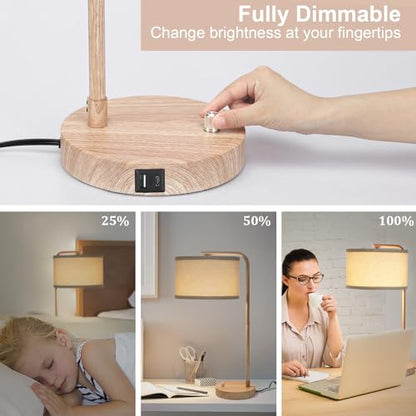 Farmhouse Table Lamp, Fully Dimmable Bedisde Nightstand Lamp with USB C+A Charging Ports, Modern Tall Table Lamp Desk Reading Lamp for Living Room, Bedroom, Office, 9W LED Bulb Included - color: Wood Grain