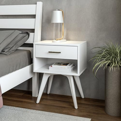 Mid Century Modern One Drawer Nightstand/Constructed of Solid Wood/White Finish - color: White