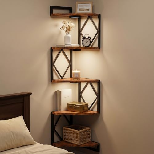 HAAYOT Corner Shelf Wall Mounted: 5-Tier Floating Shelves with Lights for Living Room, Bedroom, Home Office, Rustic Brown