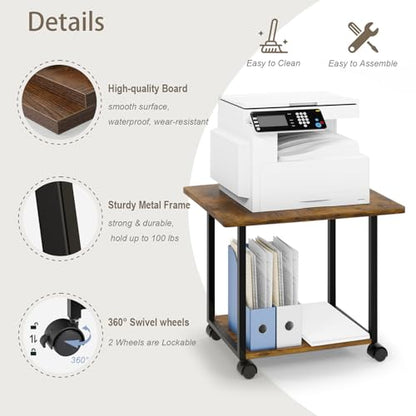 MARTY 22"x15.75" Large Printer Stand Under Desk, Rolling Cart Printer Table | 2 Tier Rolling Printer Cart with Wheels, Storage Shelf, Fit Printer/Fax/3d/Scanner, For Home Office Dorms, Heavy Duty, Brown - color: Rustic Brown