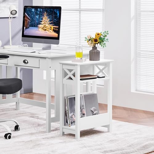 Yaheetech Small Side Table with Storage Shelf, 3-Tier Slim X Shaped End Table with Magazine Rack, Living Room Home Office Balcony Small Spaces, Effortless Assembly, White
