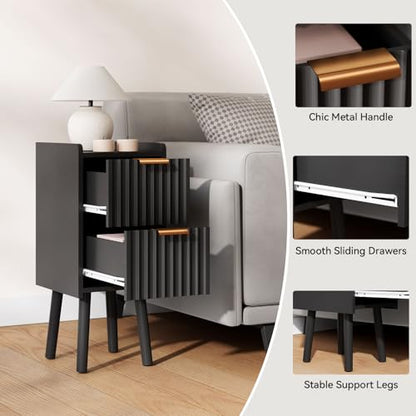 IBUYKE Narrow Nightstand,Slim Bedside Table with 2 Drawer,Black UWNS015B | Space Saving,Skinny Bedside Table for Small Spaces,Wood Side End Tables for Bedroom Living Room