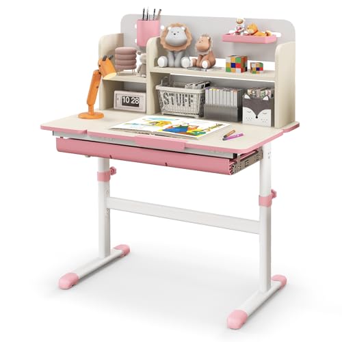 HONEY JOY Kids Desk, Children School Study Desk w/ 7-Level Tiltable Desktop, Height Adjustable Table w/Bookshelf, Pull-Out Drawer & Pen Holder, Student Writing Workstation, Desk for Girls Boys (Pink) - color: Pink, size: 31.5” x 20” x 43.5” (L x W x H)