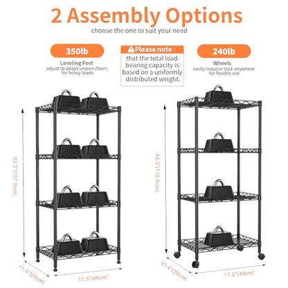 4-Tier Wire Shelf Metal Rack, Narrow Wire Shelving Unit, Small Wire Shelf | 17.3"Wx11.4"Dx44.3"H,Height Adjustable Storage Pantry Shelves with Lockable Wheels for Kitchen Office,Bathroom Small Spaces - color: 4-tier Black-17.3"x11.4" X44.3"(wxdxh)