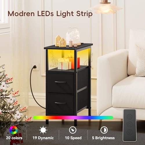 Vagusicc Set of 2 Black Nightstand with Charging Station and LED Lights, Narrow Side Table, LED Night Stand with 2 Fabric Drawers, Bedside Table Small End Table, Tall Nightstand for Bedroom, Black - color: Black, size: 2, style: With LEDs