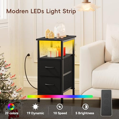 Vagusicc Set of 2 Black Nightstand with Charging Station and LED Lights, Narrow Side Table, LED Night Stand with 2 Fabric Drawers, Bedside Table Small End Table, Tall Nightstand for Bedroom, Black - color: Black, size: 2, style: With LEDs