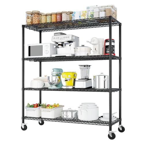Metal Storage Shelf, Garage Storage Organization Wire Rack, Adjustable 4 Tier Wire Shelf with Wheels, Space Saving Design for Home Office, Living Room, Bedroom, 55"W x 23.6"D x 75.6"H, Black - color: Black, size: 4-tier 55.12"W x 23.62"D x 75.59"H Wheels