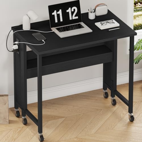 CHOEZON Folding Desk with Power Outlets, 31.5" Rolling Computer Table with Wheels, Portable Office Desk with Storage Shelf for Small Spaces Black TDN01UBB - color: Black