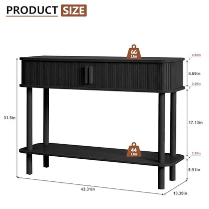 RARZOE Console Table with Storage, Fluted Entryway Table with Sliding Door&Open Shelf, Sofa Table Behind Couch, Mid-Century Modern Accent Table for Hallway, Entrance, Foyer, Fully Assembled(Black)