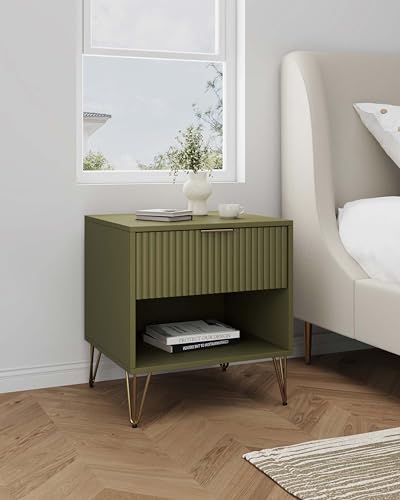 JOSHEN Sturdy Metal Legs Nightstand, Bedside Stand with Textured Drawer, Accent Table for Bedroom for Indoor use, Olive Green - color: Olive Green