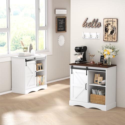 HOMFAMILIA 31.5" H Farmhouse Coffee Bar Cabinet w/Storage, White Kitchen Coffee Station with Sliding Barn Door, Rustic Buffet Cabinet with Adjustable Shelves, for Kitchen, Living Room, White - color: White
