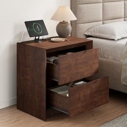 YANSNWO Walnut Nightstand with Charging Station, 23.6" Modern Bedside Table with Thickened Frame & Unique Panel, Mid Century Wood End Table for Bedroom, Living Room - color: Walnut, size: 15.6"D x 23.6"W x 23.6"H (2 Drawers)